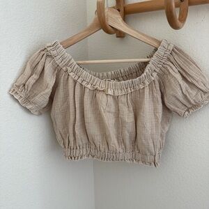KIWI + PUNCH cream tan puff sleeve rayon crop boho top ruffle stretch size M